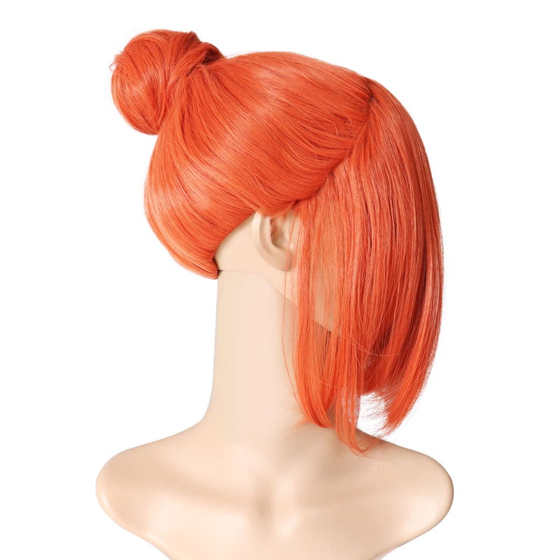 Prettybuy 13" Synthetic Orange Hair Short Straight Bob wig with Bangs with One Hair Bun Wig Heat Resistance Fiber Wig for Daily Use, Cosply, Parties and Halloween - Image 2